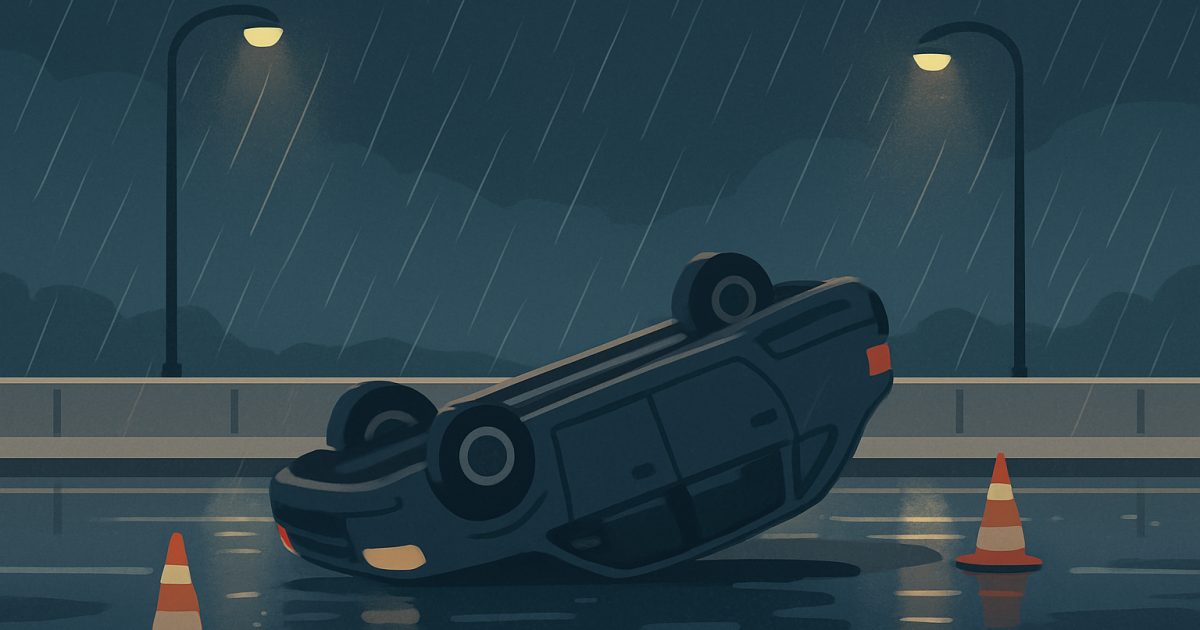 示意圖:苗栗市深夜雨中轎車撞分隔島翻覆 49歲駕駛未受傷