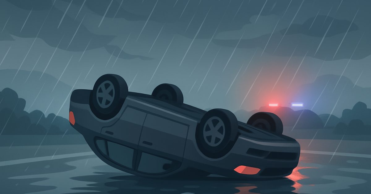 示意圖:大園颱風天雨勢大 轎車疑跨越對向車道撞車翻覆2傷